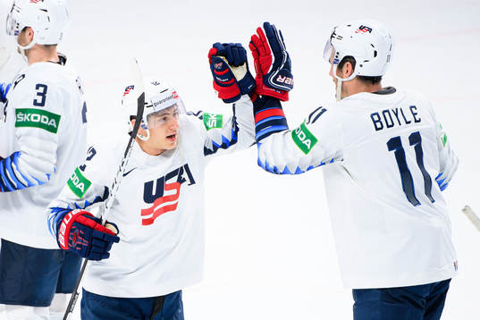 Trevor Moore and Brian Boyle of USA celebrate