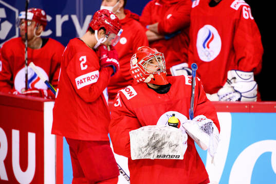 Goalkeeper Alexander Samonov of Russia  looks dejected