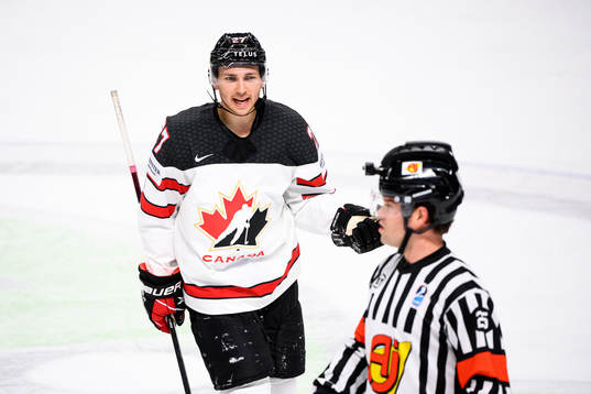 Michael Bunting of Canada reacts