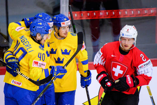 Jesper Frödén of Sweden celebrates the 0-1 goal