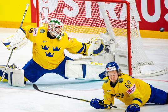 Goalkeeper Adam Reideborn and Jonathan Pudas of Sweden