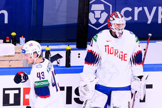 Max Krogdahl and goalkeeper Jonas Arntzen of Norway
