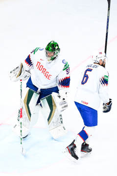 Goalkeeper Henrik Haukeland and Jonas Holøs of Norway look