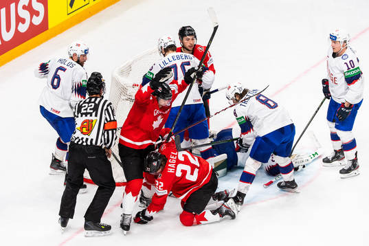 Adam Henrique and Brandon Hagel of Canada celebrate
