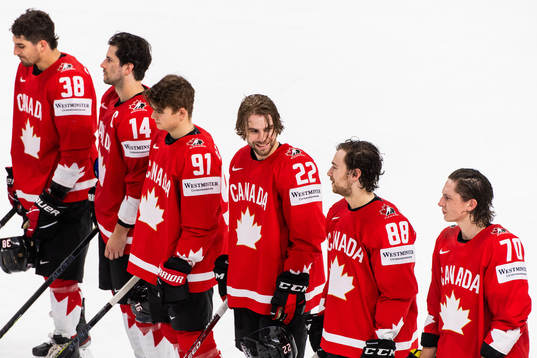 Brandon Hagel and Andrew Mangipane of Canada