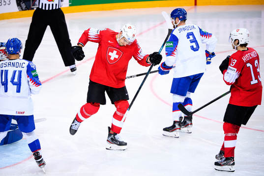 Timo Meier of Switzerland celebartes the 5-0 goal