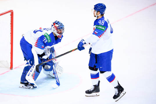Goalkeeper Julius Hudacek and Daniel Gachukinec of Slovakia
