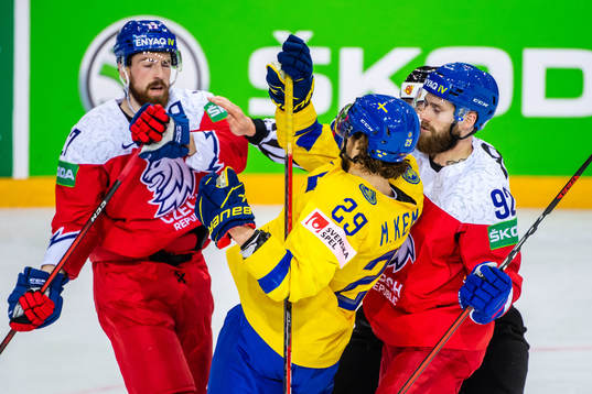 Filip Hronek and Jiri Sekac of Czech Republic and Mario