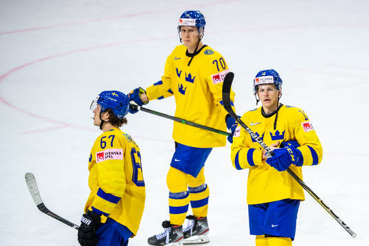 Rickard Rakell, Dennis Rasmussen and Max Friberg of Sweden