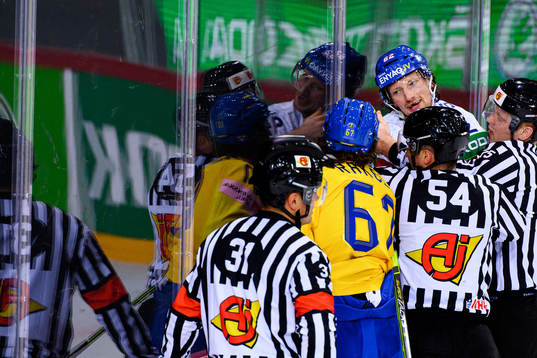 Rickard Rakell of Sweden and Andrej Sustr of Czech Republic