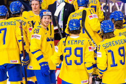 Jesper Frödén of Sweden celebrates with team mates