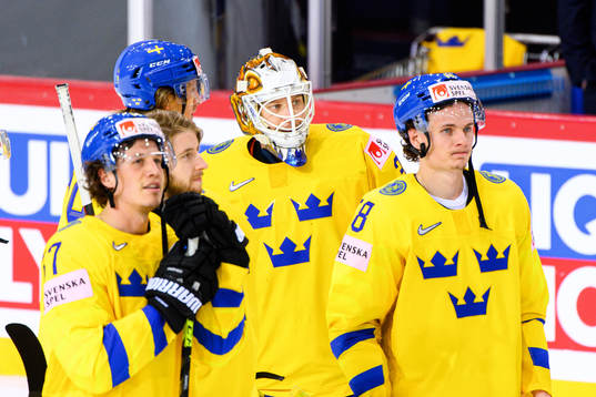 Rickard Rakell , goalkeeper Viktor Fasth and Victor