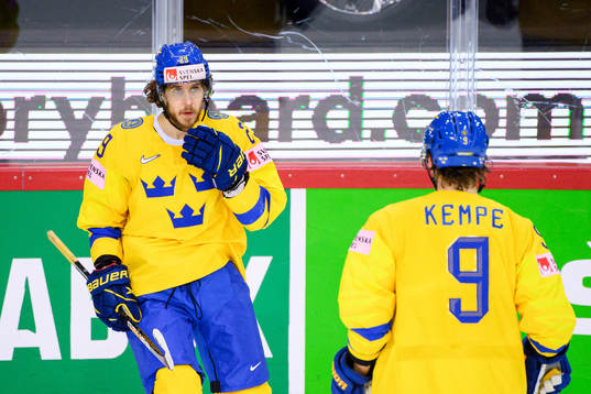 Mario Kempe and Adrian Kempe of Sweden celebrate the 3-2