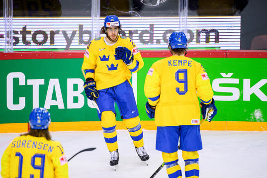 Mario Kempe and Adrian Kempe of Sweden celebrate the 3-2