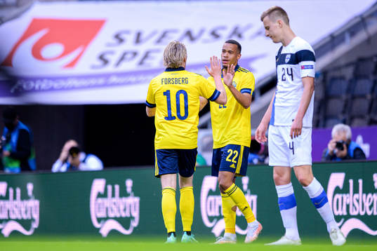 Emil Forsberg and Robin Quaison of Sweden celebrate the 1-0