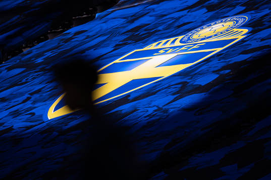 The logo of the Swedish Football Association is seen behind