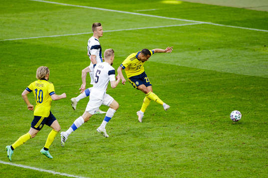 Robin Quaison of Sweden scores the 1-0 goal