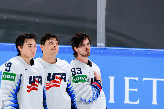 Jason Robertson, Trevor Moore and Conor Garland of USA