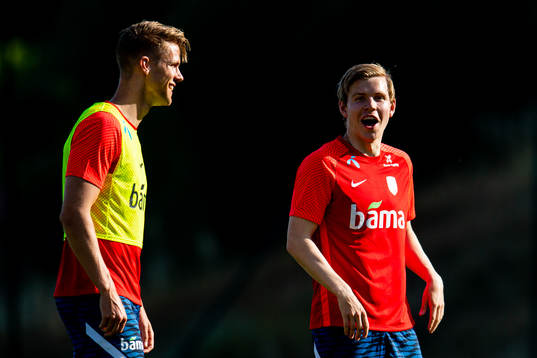 Kristoffer Ajer and Jens Petter Hauge of the Norwegian
