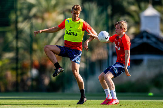 Kristoffer Ajer and Jens Petter Hauge of the Norwegian