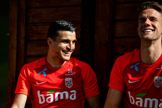 Mohamed Elyounoussi and Kristoffer Ajer of the Norwegian
