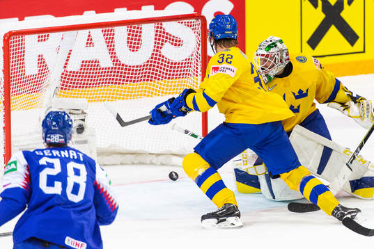 Magnus Nygren and goalkeeper Adam Reideborn of Sweden see