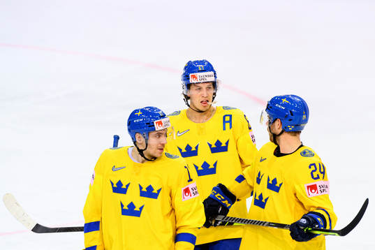 Pär Lindholm, Rickard Rakell and Oscar Lindberg of Sweden