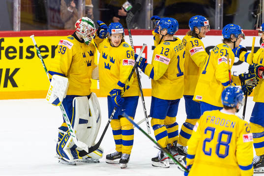 Goalkeeper Adam Reideborn of Sweden and Jonathan Pudas