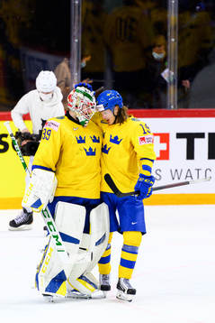 Goalkeeper Adam Reideborn and Marcus Sörensen of Sweden