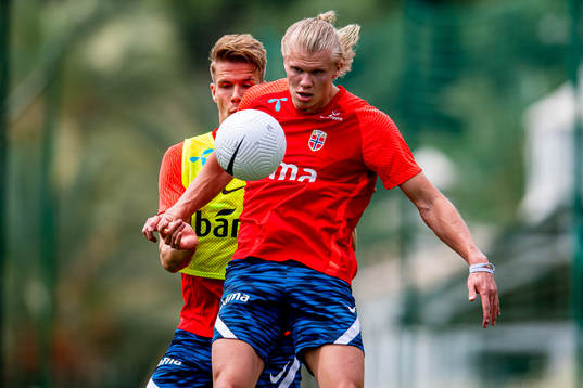 Kristoffer Ajer and Erling Braut Haaland of the Norwegian