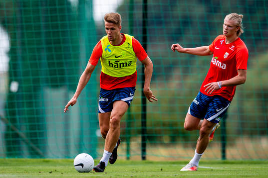 Kristoffer Ajer and Erling Braut Haaland of the Norwegian