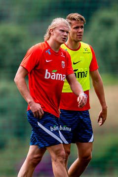 Erling Braut Haaland and Kristoffer Ajer of the Norwegian
