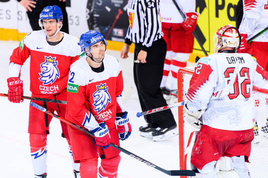 Jakub Vrana and Filip Chytil of Czech Republic greets
