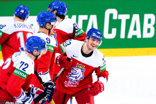 Filip Chytil and Jakub Vrana of Czech Republic celebrate