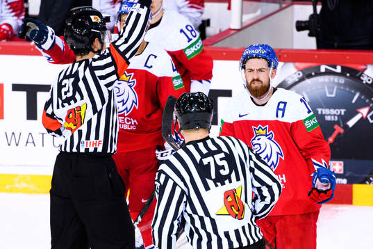 Filip Hronek of Czech Republic reacts