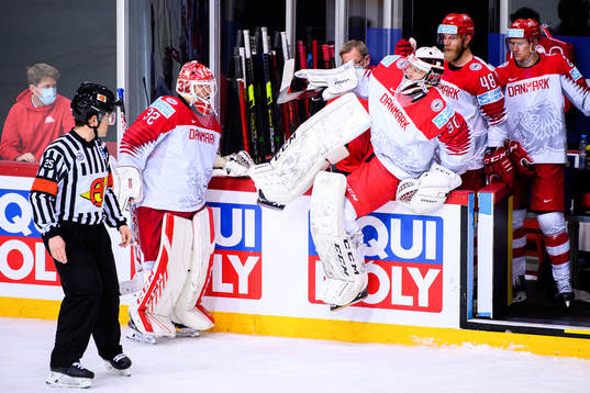 Goalkeepers Sebastian Dahm and Mads Sogaard of Denmark