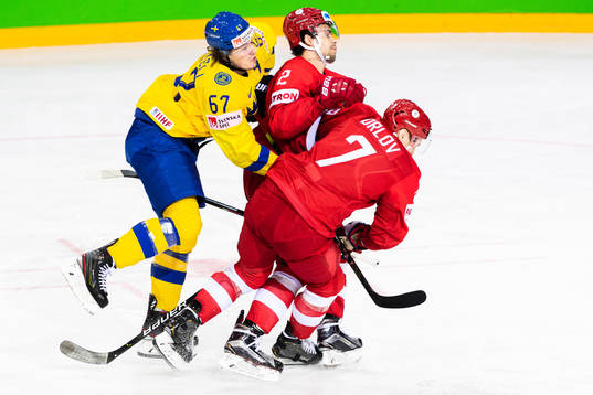 Rickard Rakell of Sweden against Artyom Zub and Dmitri