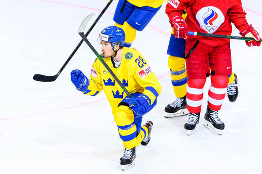 Jesper Frödén of Sweden celebrates the 0-1 goal
