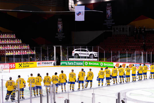 Players of Sweden see the flag of ROC