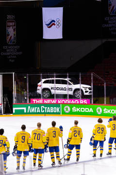 Players of Sweden see the flag of ROC