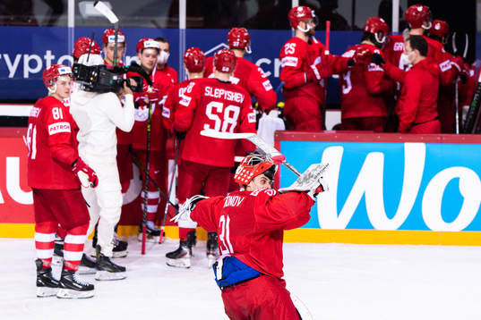 Goalkeeper Alexander Samonov of Russia celebrate