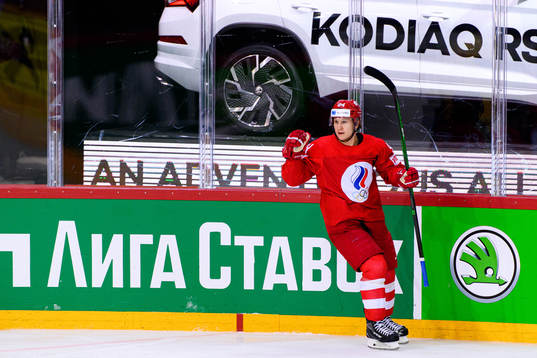 Alexander Barabanov of Russia celebrates the 2-1 goal
