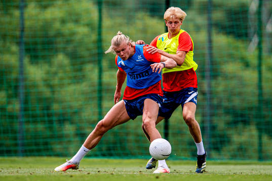 Erling Braut Haaland and Morten Thorsby of the Norwegian