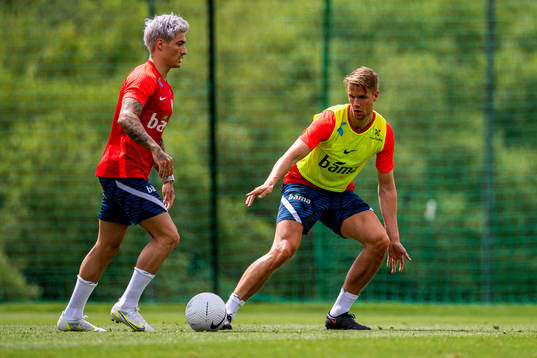 Mathias Normann and Kristoffer Ajer of the Norwegian