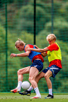 Erling Braut Haaland and Morten Thorsby of the Norwegian