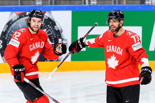 Brandon Hagel and Brandon Pirri of Canada celebrate the 1-0