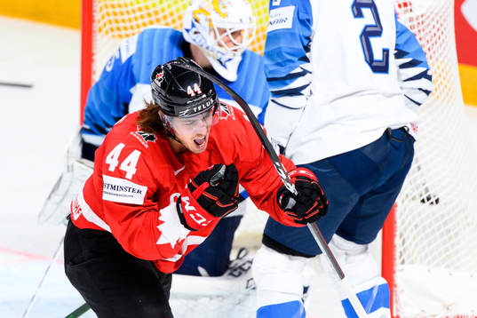 Maxime Comtois of Canada celebrate the 2-1 goal