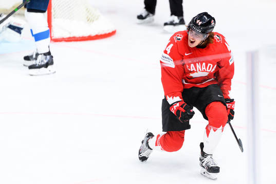 Maxime Comtois of Canada celebrate the 2-1 goal