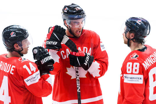 Adam Henrique , Connor Brown and Andrew Mangipane of Canada