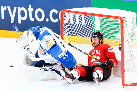 Goalkeeper Jussi Olkinuora of Finland denies a shootout